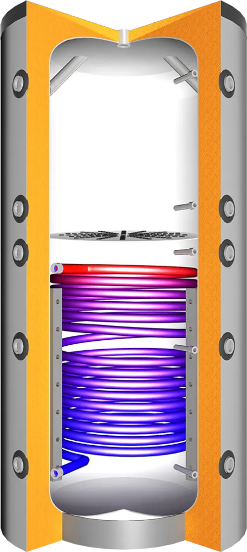 Vertikaler Pufferspeicher von Juratherm mit Spiralrohr im Innenbereich, versehen mit roten und blauen Leitungen zur Wärmeverteilung, in einem grauen Gehäuse.